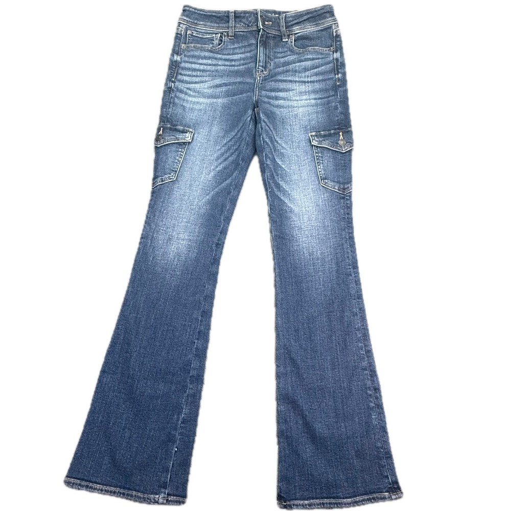 American Eagle Kick Boot Jeans Women 6 Blue Cargo Pocket Stretch Denim Flared